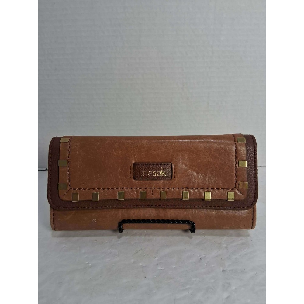 The Sak Brown Leather Snap Closure Tri Fold Wallet Stud Detail Many Pockets READ